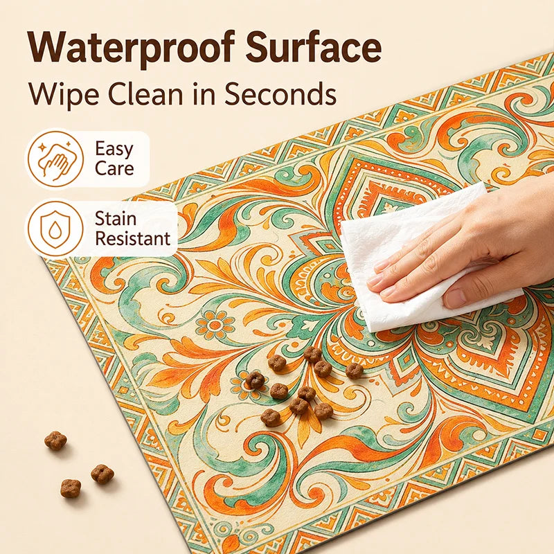 Bohemian Pet Feeding Mat Waterproof Non Slip Dog Cat Bowl Placemat Easy Clean Vintage Persian Style Floor Protector
