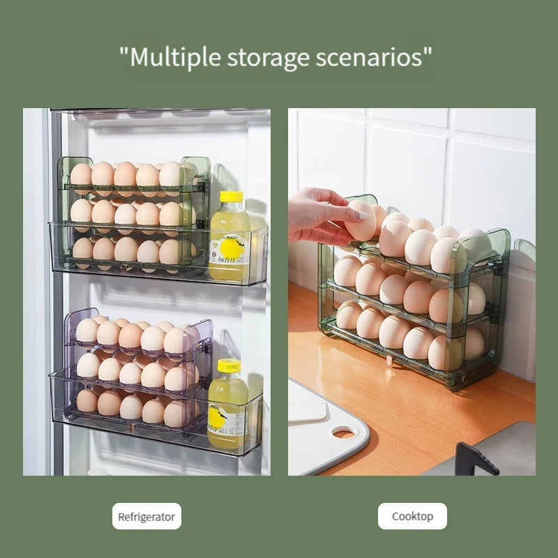 Layers Large Capacity Egg Holder for Refrigerator,Flip Design 30 Eggs Organizer，Foldable Storage Fridge Side Door Egg Organizer