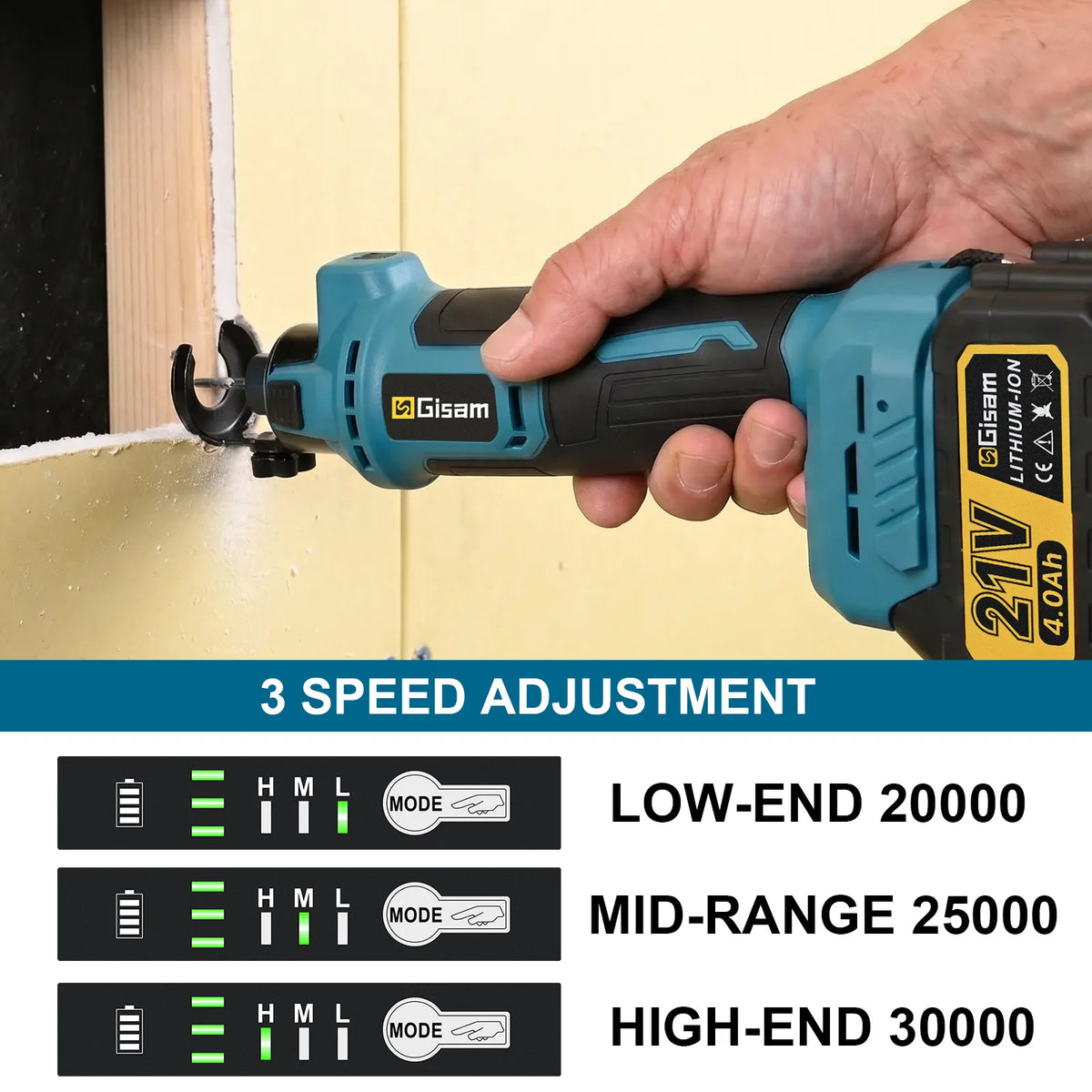 Outil de découpe électrique sans fil Gisam 3 vitesses, scie rotative sans fil 3,18 mm 6,35 mm pour bricolage, bois, plâtre, plaques de plâtre, outil électrique compatible avec batterie Makita 18V