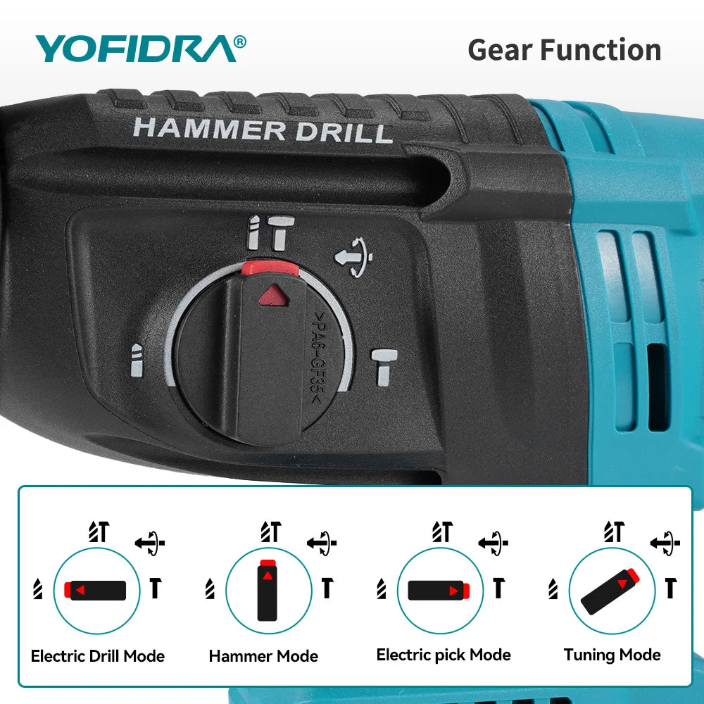 Perceuse à percussion sans fil YOFIDRA, marteau perforateur électrique sans balais 26 mm, ensemble d'outils électroportatifs pour le travail du bois, compatible avec batterie Makita 18V
