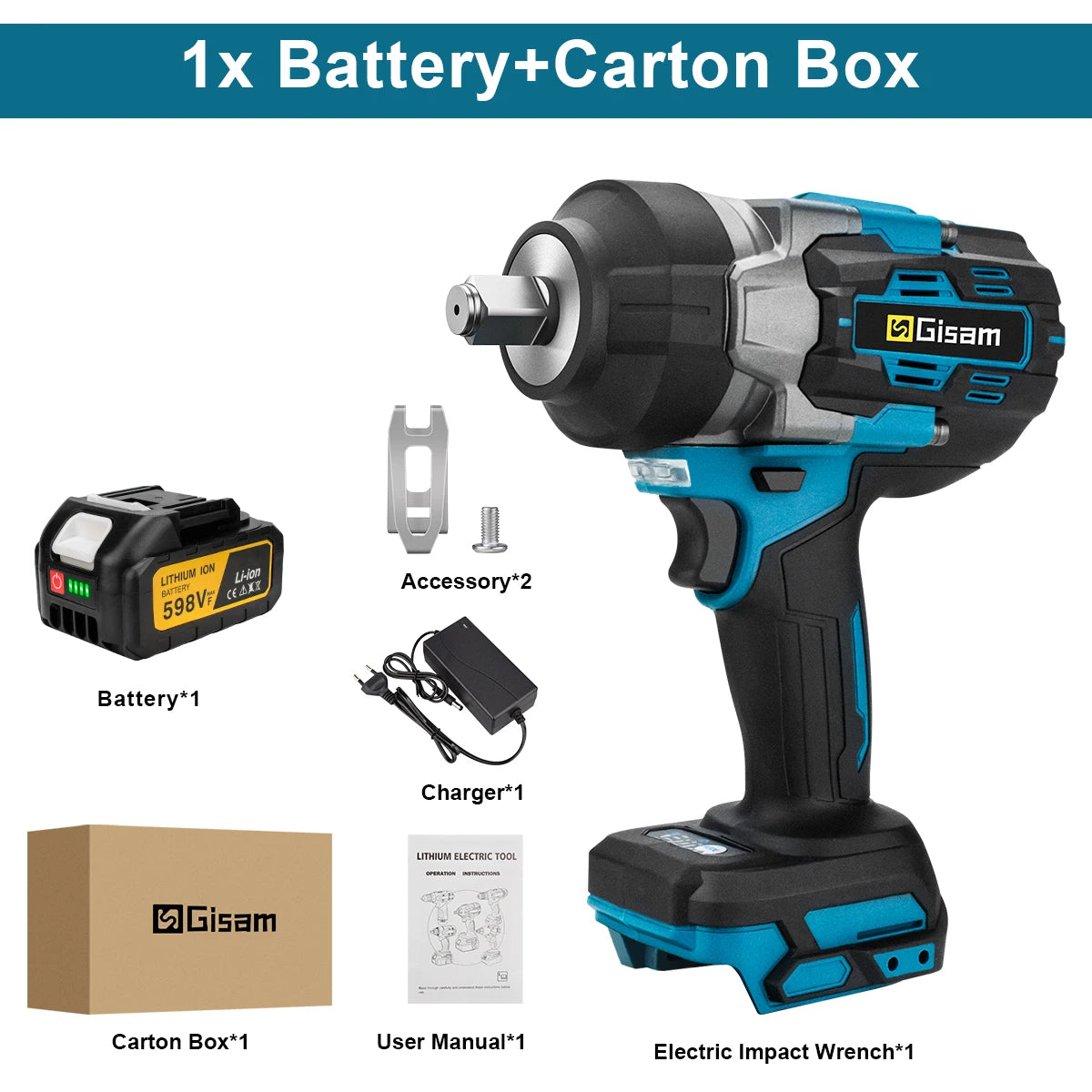 Gisam 2800N.M Brushless Electric Wrench 1/2 Inch Impact Wrench Electirc Screwdriver Drill Compatible with Makita 18V Battery Pin