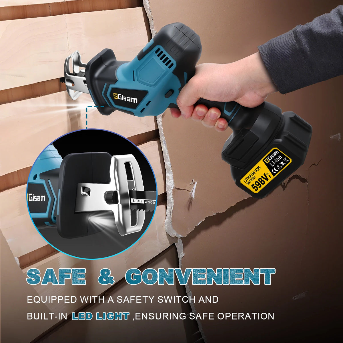 Scie alternative sans balais Gisam 3600W, 12000 tr/min, outil électrique pour la découpe de bois, métal et tuyaux, compatible avec les batteries Makita 18V