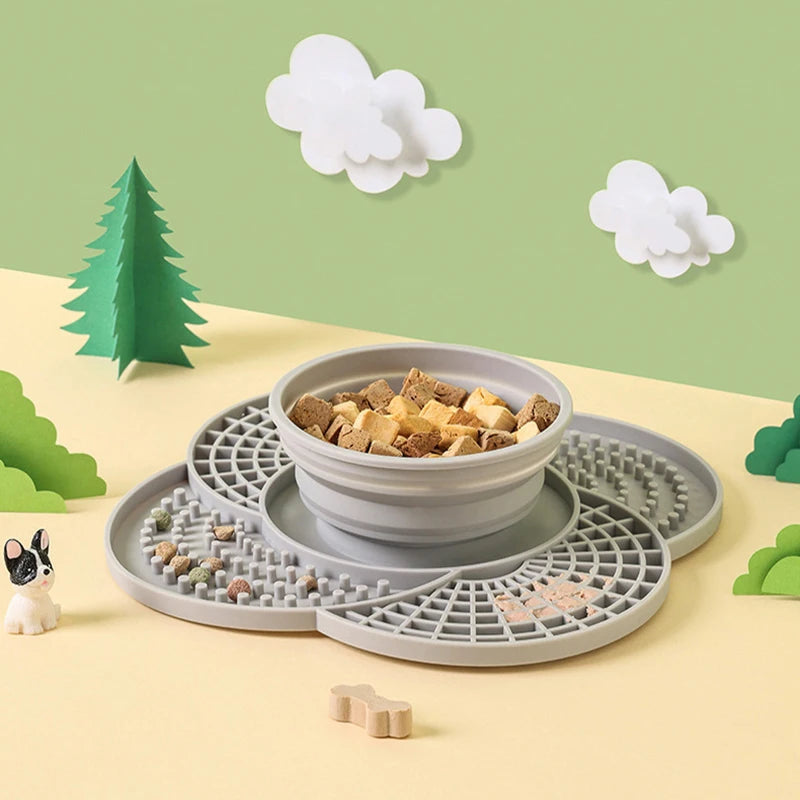 2 in 1 Silicone Dog Slow Feeder Mat with Foldable Bowl Pet Lick Mat for Dogs Cats Non-slip Puppy Slow Food Plate Dog Accessories