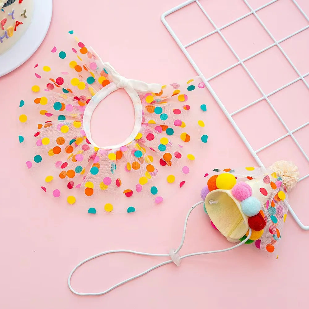Colorful Dog Cat Birthday Hat Adjustable Cat Birthday Scarf Hat Set Cute Dog Bib Pet Birthday Party Dress Up Hat Dog Accessories