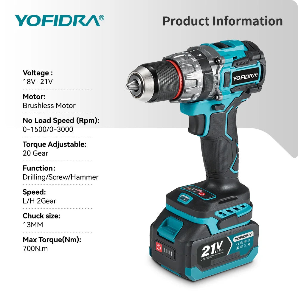 YOFIDRA 700N.M Borstelloze elektrische klopboormachine Accuschroevendraaier voor metaalplaten, grond en houtbewerking Elektrisch gereedschap geschikt voor Makita-accu's