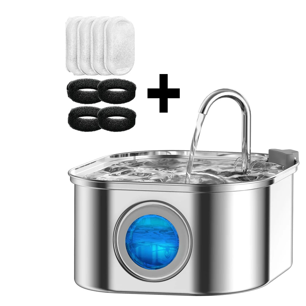 Transparent Window Cat Water Dispenser with sensor 3.2L/108oz Super Quiet& Pets Auto Filter Stainless Steel Cats Water Fountain