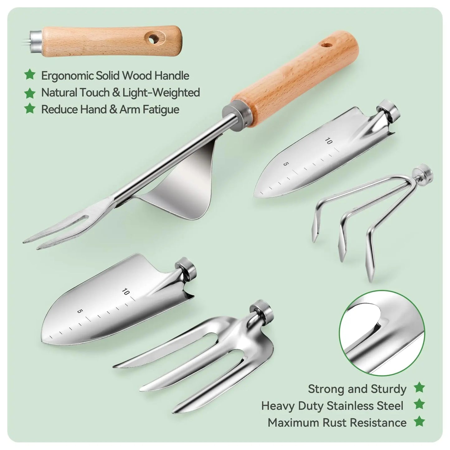 9 Piece Garden Weeding Tools Stainless Steel Gardening Tool Set with Wooden Handle, Weeder