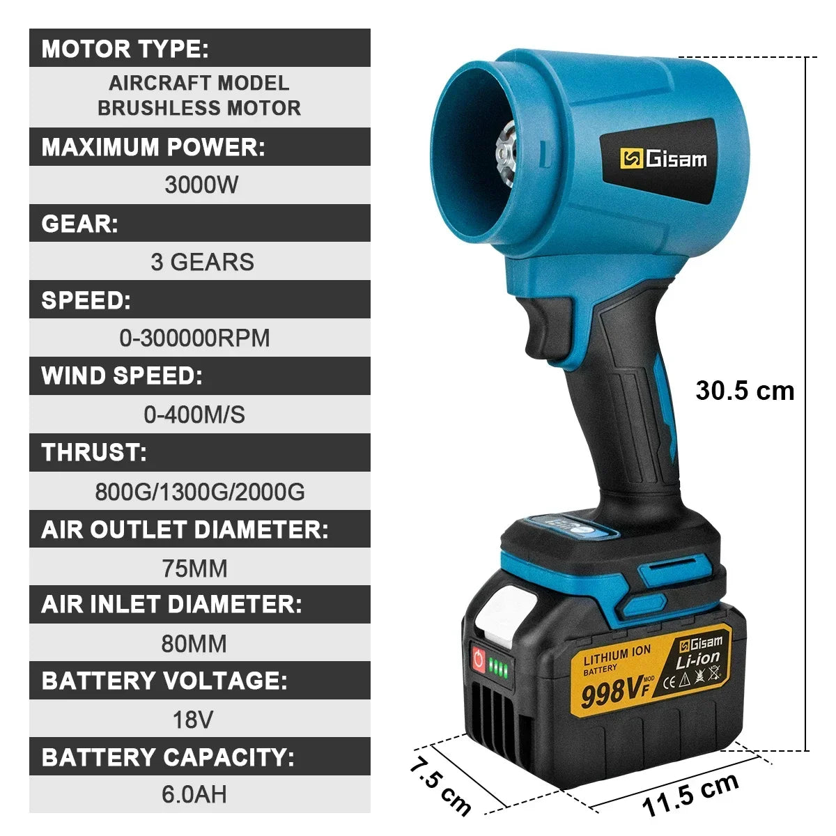 Gisam 400M/S 3000W High Power Brushless Turbo Fan Elektrische Luchtblazer Jet Fan Sneeuw Blad Stof Gereedschap voor Makita Accu Pin