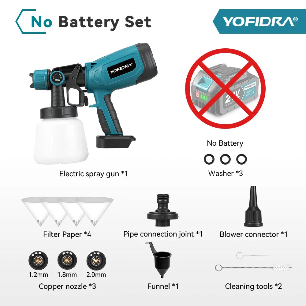 YOFIDRA 1000ML Electric Spray Gun 66000RPM Paint Sprayer Auto Furniture Steel Coating Airbrush Tool For Makita 21V Battery Pin