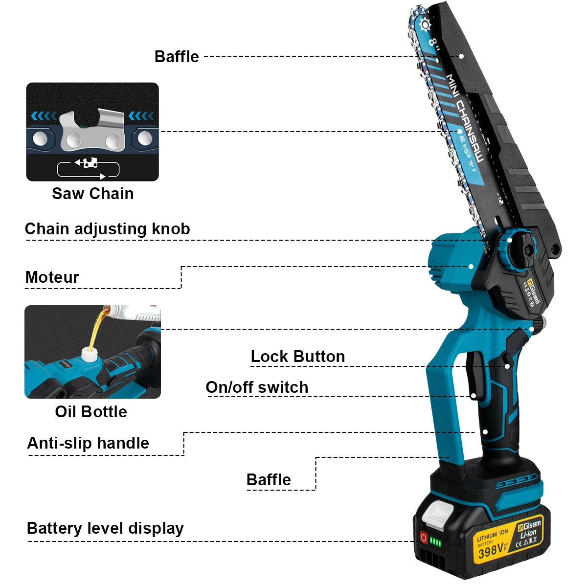 Gisam 8 inch borstelloze elektrische kettingzaag, snoerloze houtbewerkingskettingzaag, houtkapzaag, elektrisch gereedschap voor Makita 18V-batterijpinnen