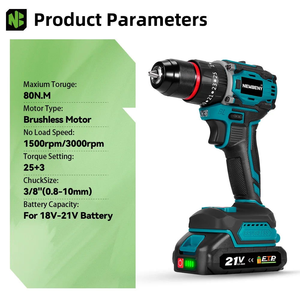 NEWBENY 25+3 Koppel Borstelloze Elektrische Accuboormachine Multifunctionele Schroevendraaier Huishoudelijk Doe-het-zelf Elektrisch Gereedschap voor Makita Accu