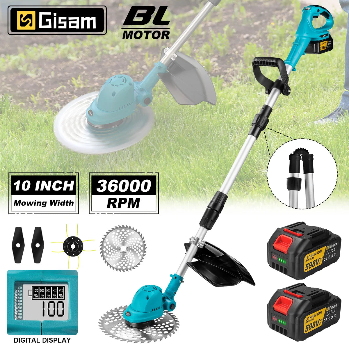 Gisam 10-inch borstelloze elektrische grasmaaier, opvouwbaar, snoerloze grastrimmer voor Makita 18V-accu