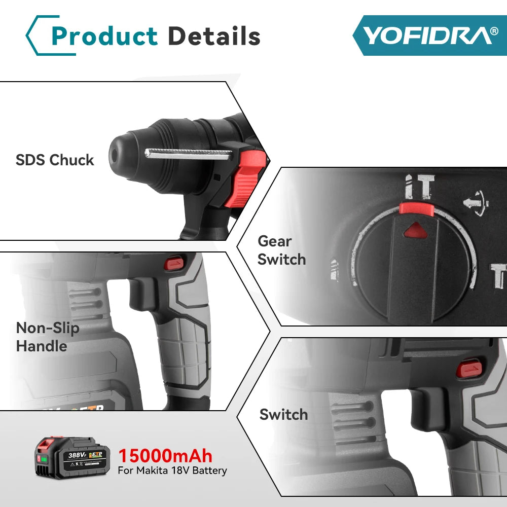 YOFIDRA 26MM Brushless Electric Hammer Drilling Impact Drill Multi-function Cordless Rotary Power Tool For Makita Battery Pin