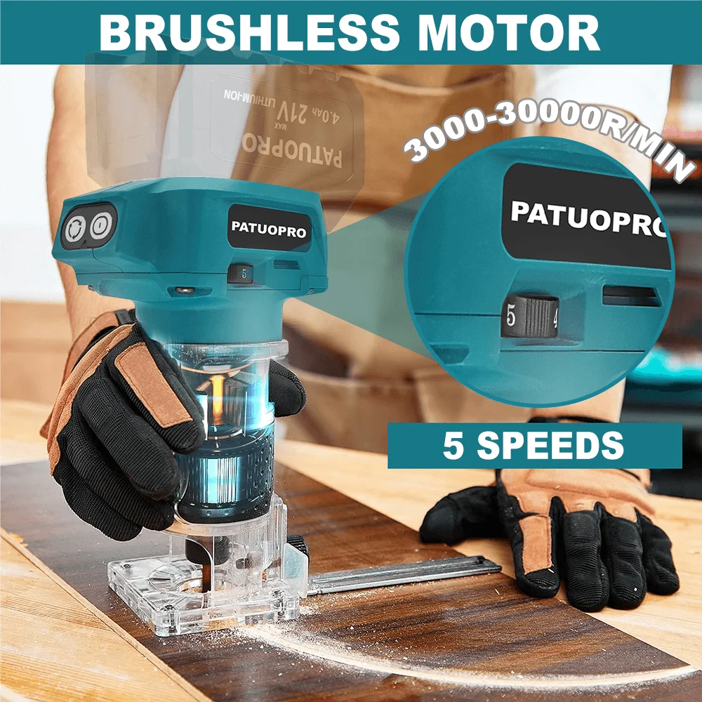 Affleureuse électrique sans balais, 5 vitesses avec 3 pinces de serrage, défonceuse à bois sans fil pour gravure et rainurage, compatible batterie Makita 18V