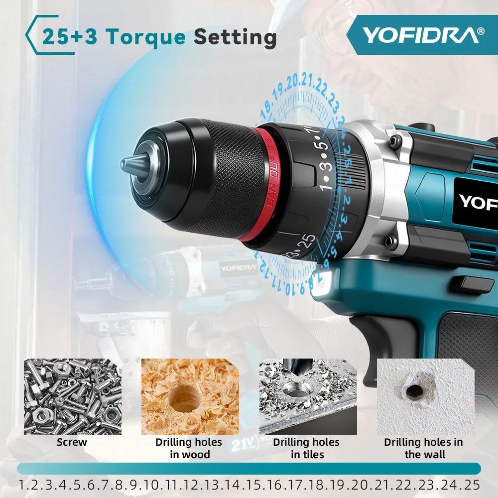 YOFIDRA 3-in-1 25+3 Koppel Elektrische Slagboormachine Handbediende Snoerloze Slagboormachine Houtbewerkingsgereedschap voor Makita Accu