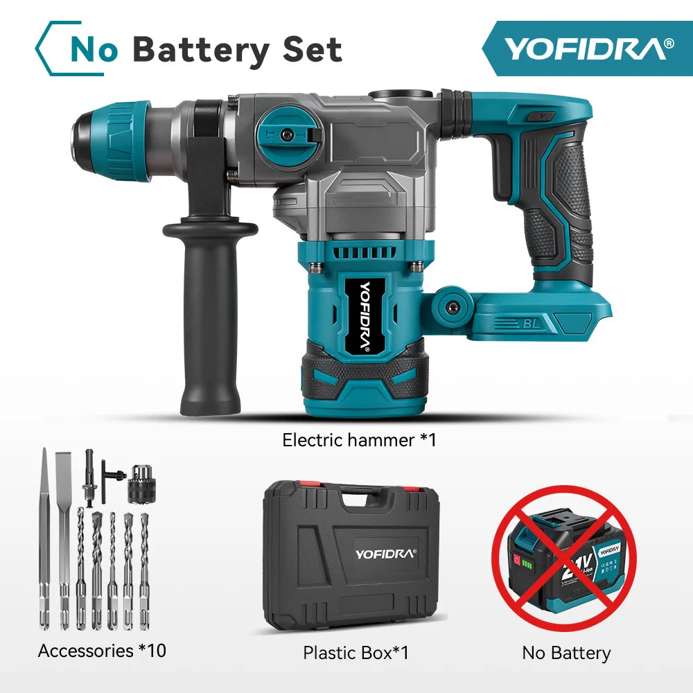 Marteau perforateur électrique sans balais YOFIDRA 3500W, 26 mm, multifonction, perceuse à percussion sans fil, outil électrique rotatif compatible avec batterie Makita