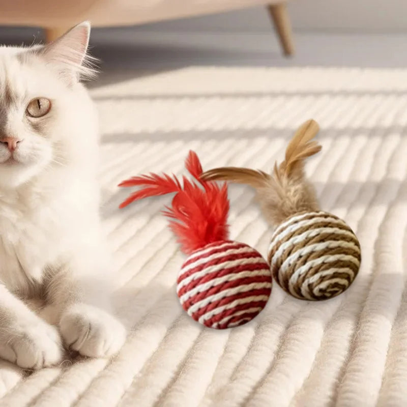 3/5/10 PCs Cat Feather Toys Interactive Cat Sisal Balls Funny Kitten Tease Toy Random Color Pet Cat Boredom Relief Toys