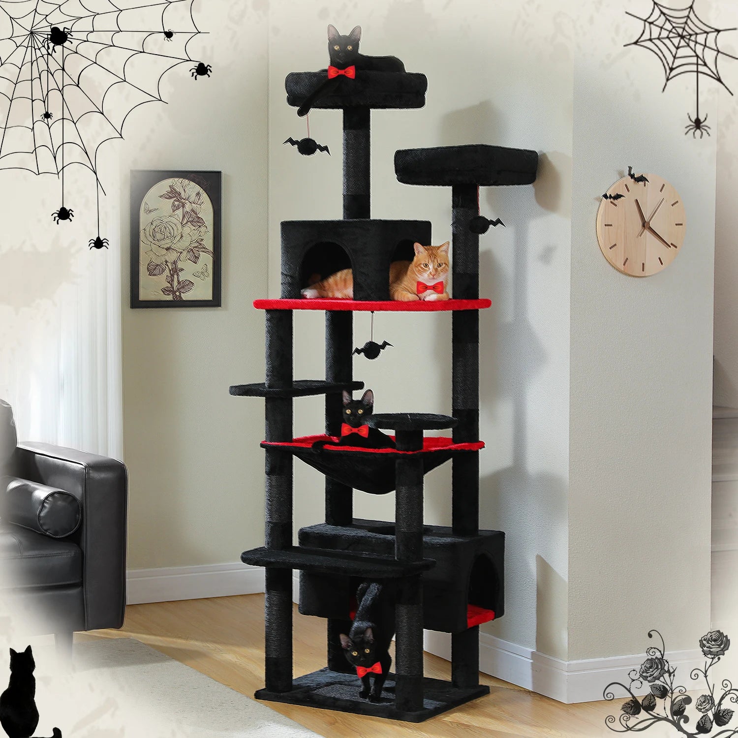 Multi-level cat tree in black and red with scratching posts, perches, and enclosed spaces.