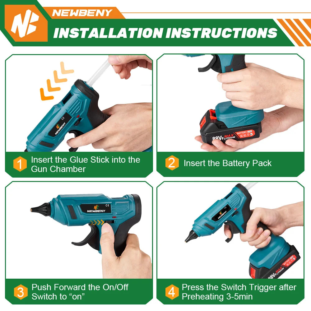 NEWBENY 100W 280°C Draadloos Heteluchtlijmpistool Draagbaar Oplaadbaar met Lijmsticks DIY Reparatietool Voor Makita 18V Batterij Pin