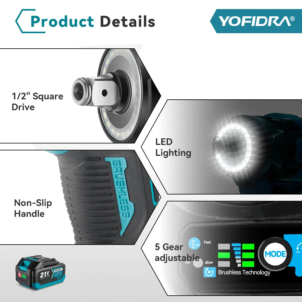 YOFIDRA 5 Gears 1200N.M Torque Brushless Electric Wrench Cordless Car Screwdriver Househeld Power Tools For Makita Battery Pin