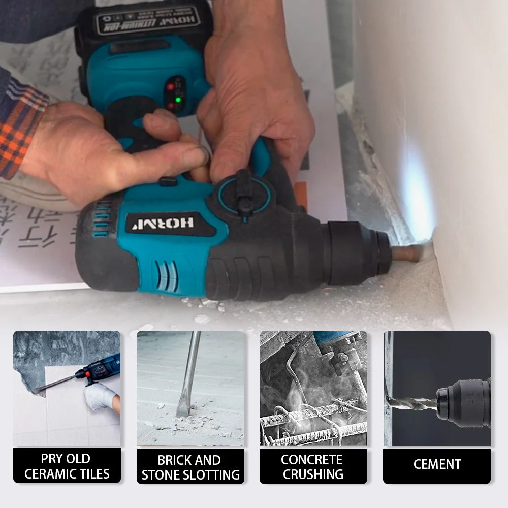 A cordless rotary hammer drill with multiple functional applications.