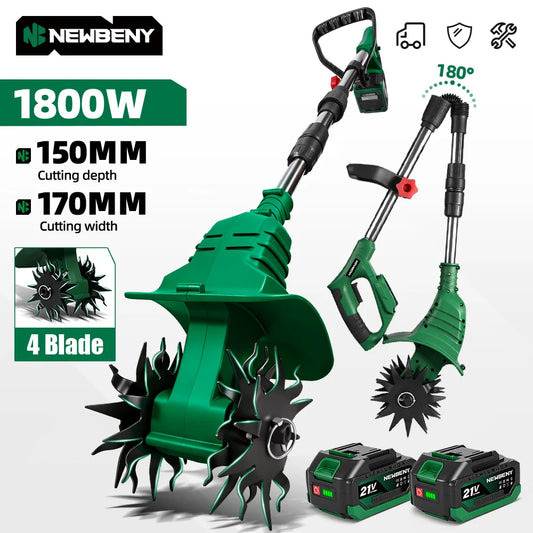 NEWBENY 1800W 4 Blade Electric Garden Rotary Tiller Cultivator Cordless Lawn Mower Portable Grass Trimmer Soil Turning Tools for Makita Battery Pin