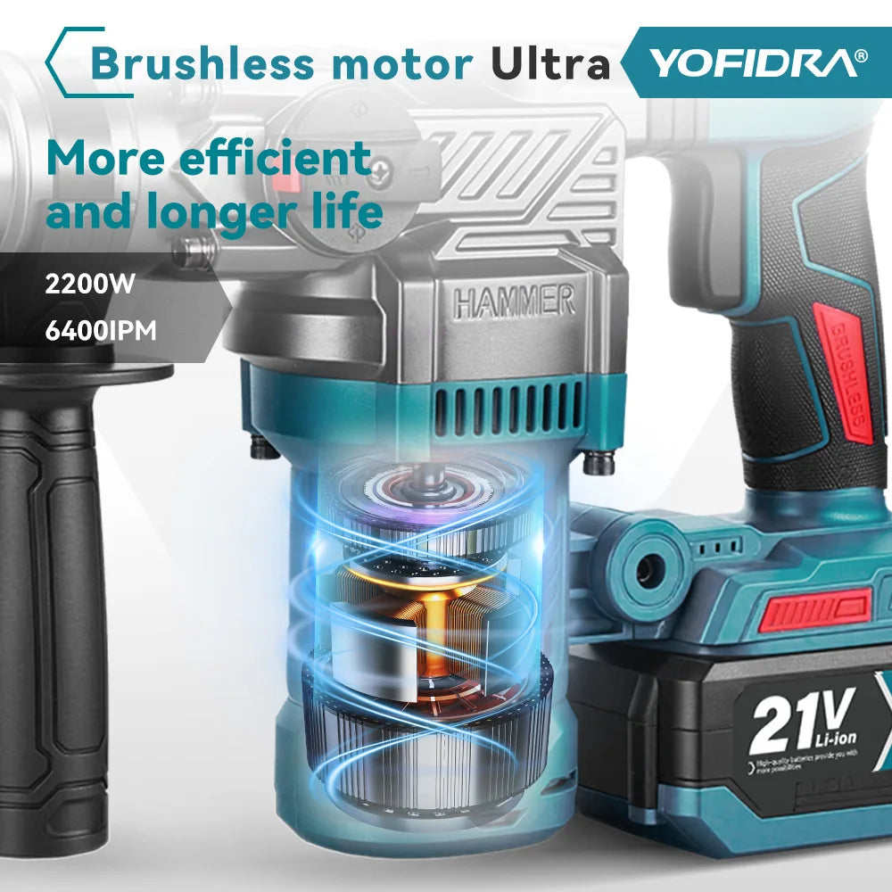 YOFIDRA 2200W Borstelloze Elektrische Hamerboor 26MM Multifunctionele Schroevendraaier Roterend Elektrisch Gereedschap voor Makita 21V Accu Pin