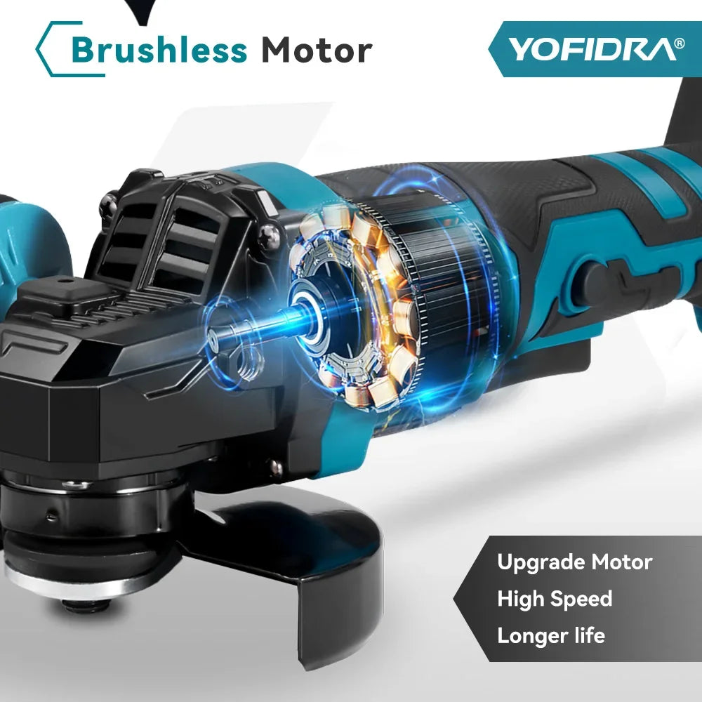 YOFIDRA 125mm Brushless Angle Grinder 3 Gears Cordless Grinding Machine Cutting Woodworking Power Tool For Makita Battery Pin