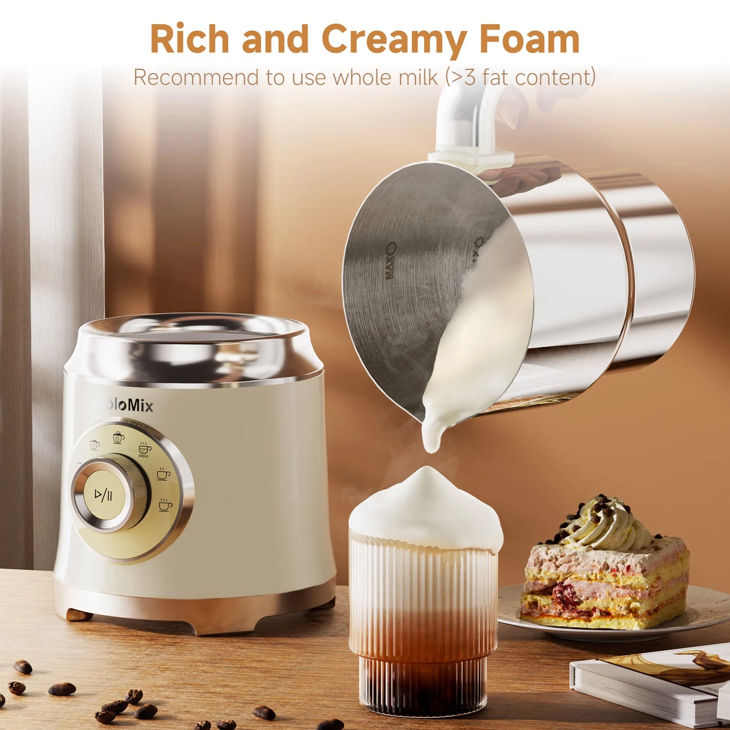 BioloMix 7-in-1 Detachable Electric Milk Frother Steamer Automatic Hot Cold Foam Maker for Coffee And Hot Chocolate
