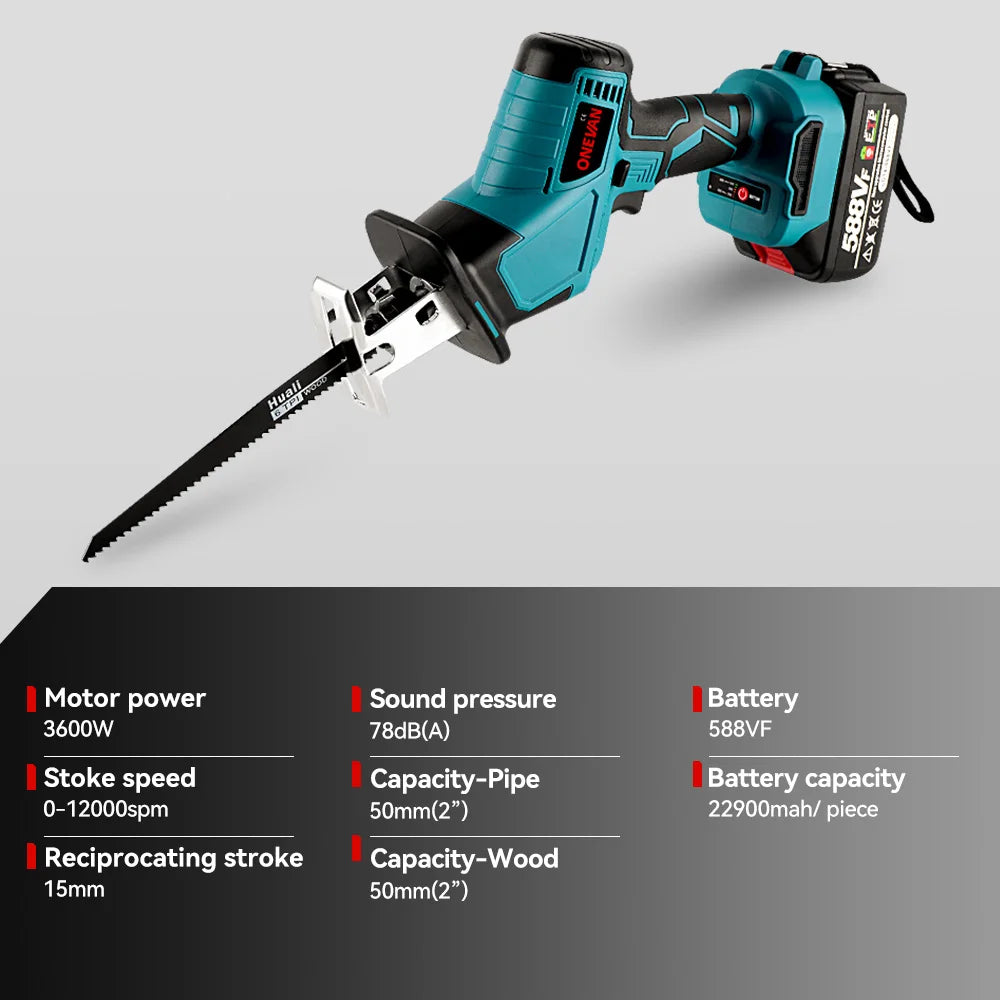 ONEVAN 3600W Borstelloze Elektrische Reciprozaag Accukettingzaag Variabele Metaal Hout Snijgereedschap voor Makita 18V Accu Pin