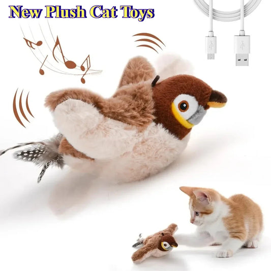 Brown and white plush bird cat toy with sound and movement features