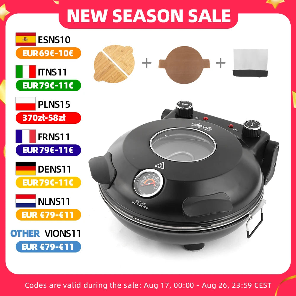 12 Inch Electric Pizza Oven Indoor 1200 Watt Glazed Ceramic Stone Cooker Two-button Precise Temperature Control Heats up 420℃
