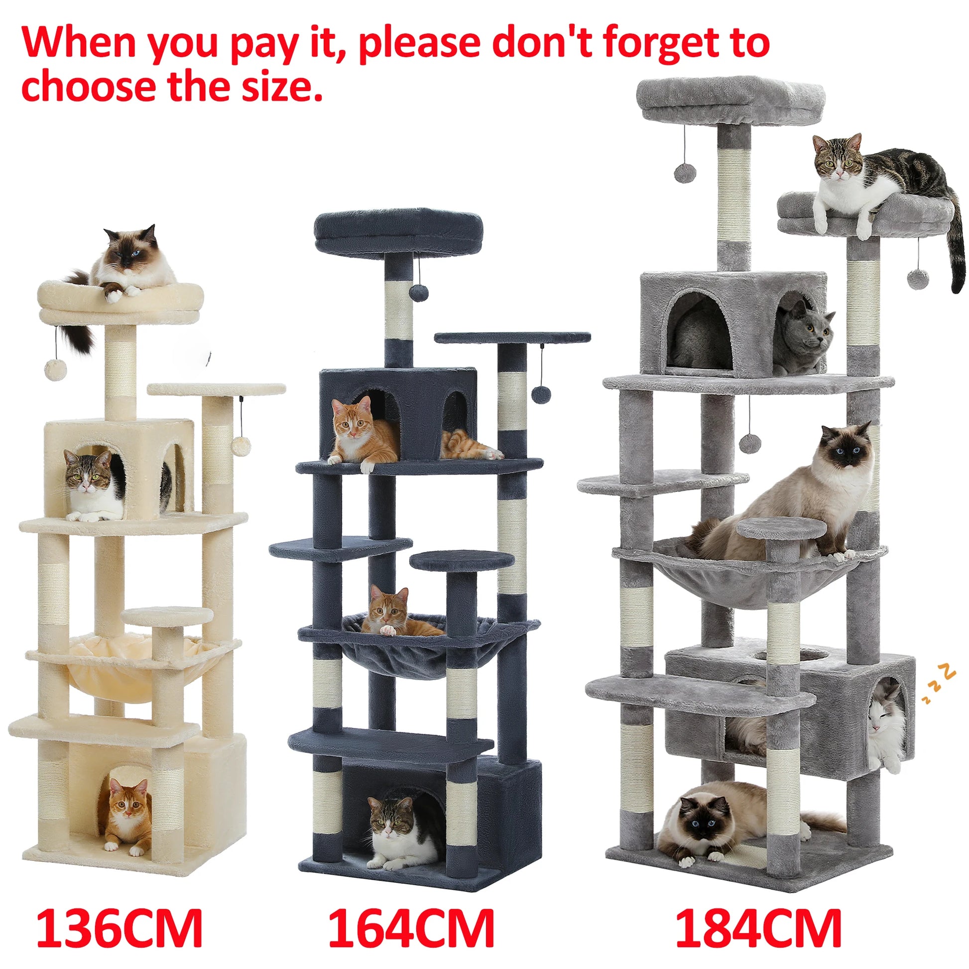 Three multi-level cat trees with scratching posts, perches, and enclosed spaces.