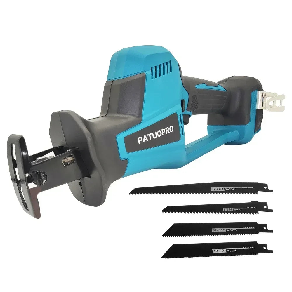 255 mm borstelloze elektrische reciprozaag met 4 zaagbladen, snoerloos, instelbare snelheid, voor PVC-buizen en hout, geschikt voor Makita 18V-accu