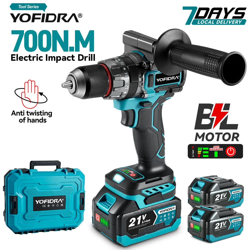 YOFIDRA 700N.M Borstelloze elektrische klopboormachine Accuschroevendraaier voor metaalplaten, grond en houtbewerking Elektrisch gereedschap geschikt voor Makita-accu's