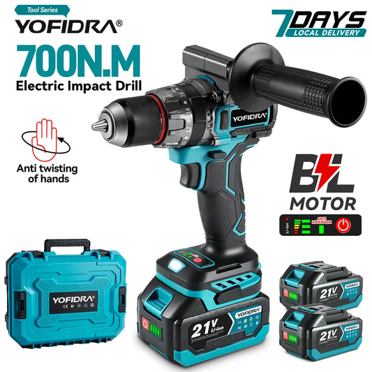 YOFIDRA 700N.M Brushless Electric Impact Drill Cordless Screwdriver Plates Soil WoodWorking Power Tool For Makita Battery Pin