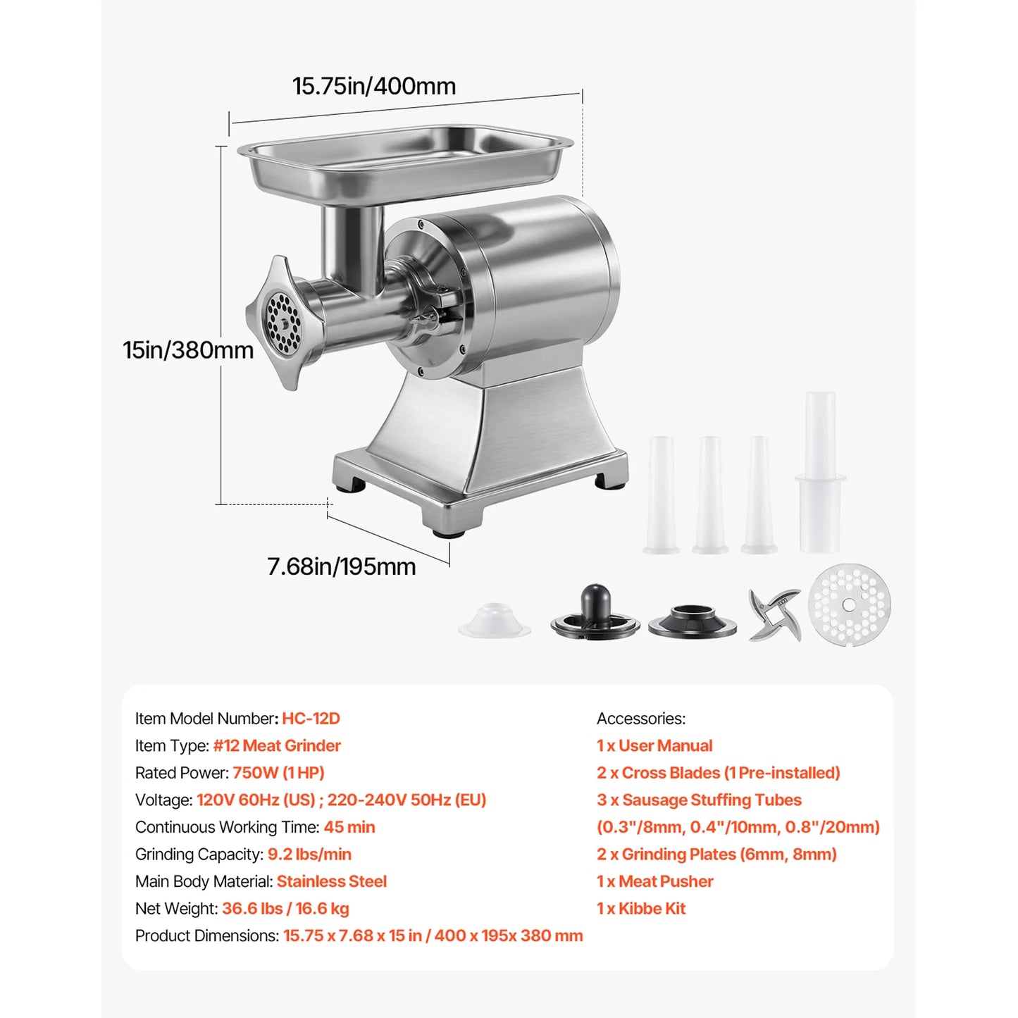 SucceBuy Electric Meat Grinder #8/#12 Meat Mincer with Grinding Plates 700W/0.77HP / 750W/1HP Sausage Stuffer Maker for Kitchens