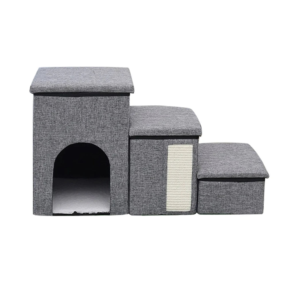 Foldable Pet Stairs with Storage Compartments, Non-Slip Wide Steps, Comfortable Dog Cave for Elderly Cats and Dogs Climb & Rest - Quality Shopping Centre