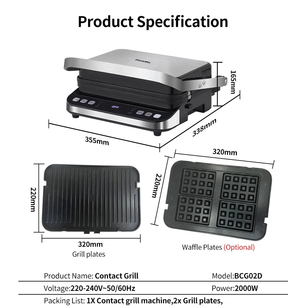 BioloMix 2000W Digitale Contactgrill met 180 graden open ontwerp, optionele wafelplaten voor panini, barbecue en meer