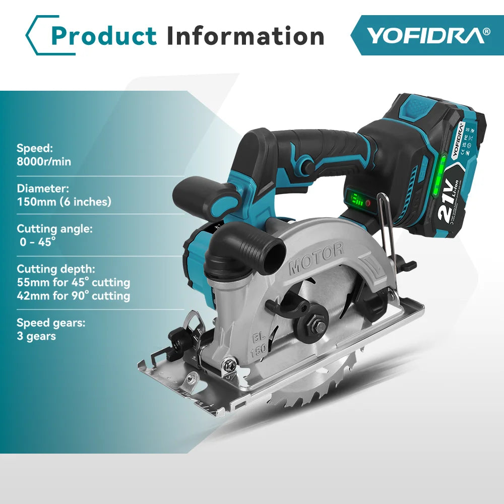 YOFIDRA 6 Inch Brushless Electric Circular Saw Handheld Wood PVC Pipe Cutting Tool with 55mm Cutting Depth for Makita 18-21V Battery Pin