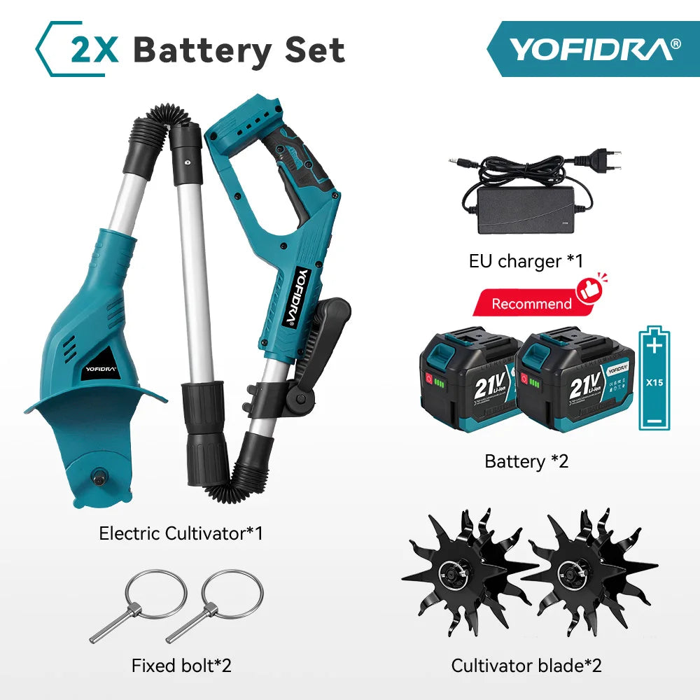 YOFIDRA Garden Electric Tiller Cultivator Portable Cordless Lawn Mower Grass Trimmer Soil Turning Power Tool for Makita 18-21V Battery Pin