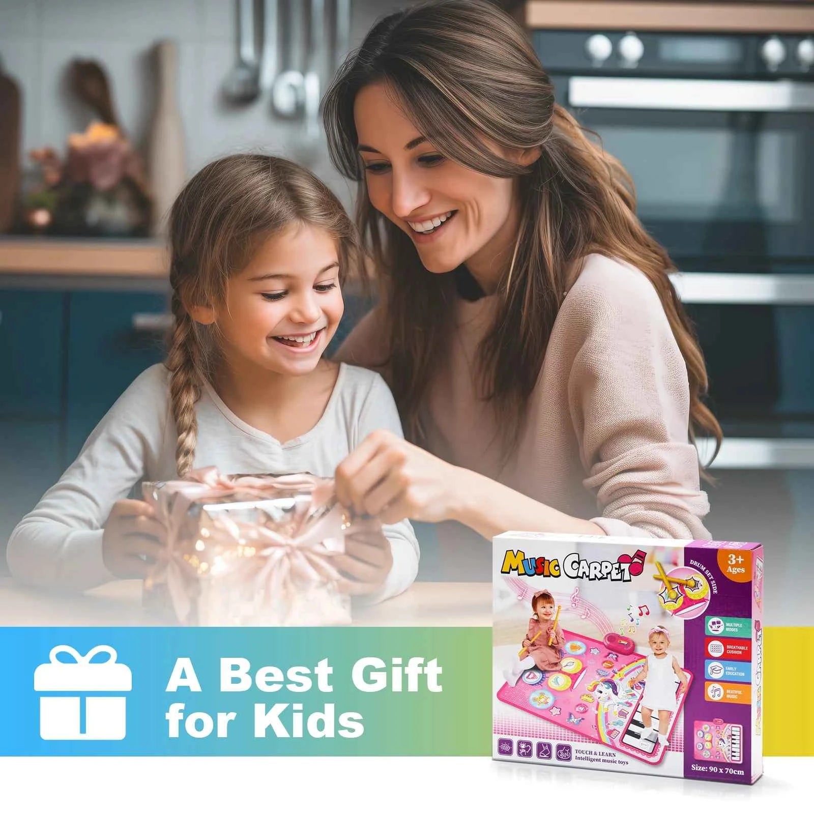 90x70cm Unicorn Music Mat - 2 in 1 Piano Keyboard and Drum Dance Mat for Kids, Educational Toys with 8 Instruments Sounds