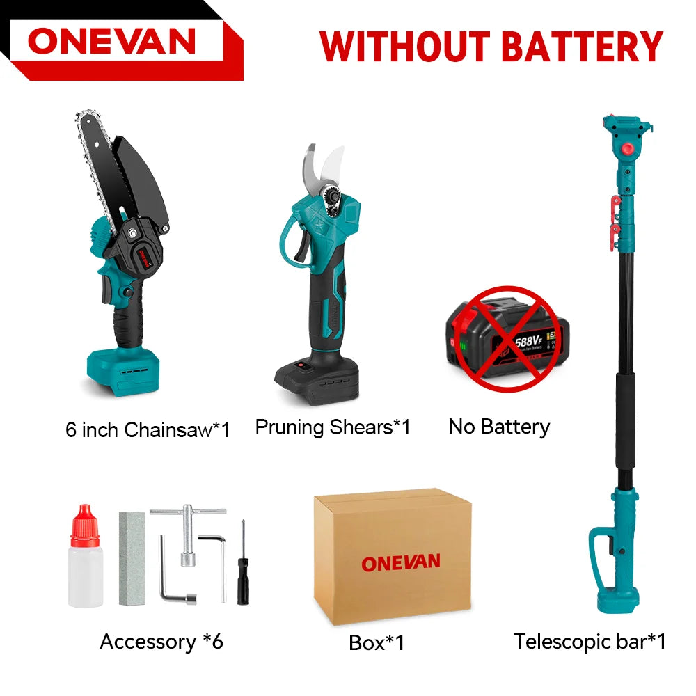 ONEVAN 4-in-1 Borstelloze Telescopische Elektrische Kettingzaag 3500W Hoogsnoeier Tuingereedschap voor Makita 18V Accu