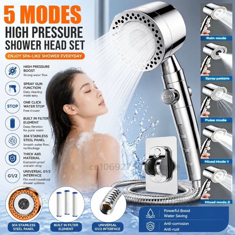 High Pressure Shower Head with Filter 3 Spray Modes Adjustable Large Flow One-Click Stop Water Saving Showerhead for Bathroom