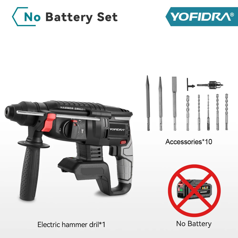 YOFIDRA 1680W Brushless Electric Hammer Cordless Multi-function Drilling Impact Drill Rotary Power Tool For 21V  18V Battery