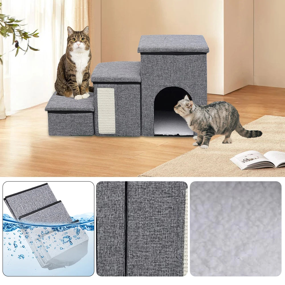 Foldable Pet Stairs with Storage Compartments, Non-Slip Wide Steps, Comfortable Dog Cave for Elderly Cats and Dogs Climb & Rest - Quality Shopping Centre