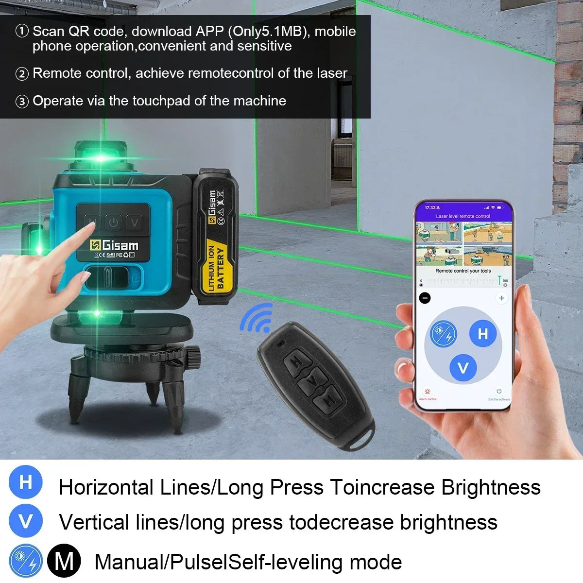 Gisam 4D 16-lijns 360° zelfnivellerende laserwaterpas met statief en koffer, professioneel horizontaal en verticaal lasermeetinstrument