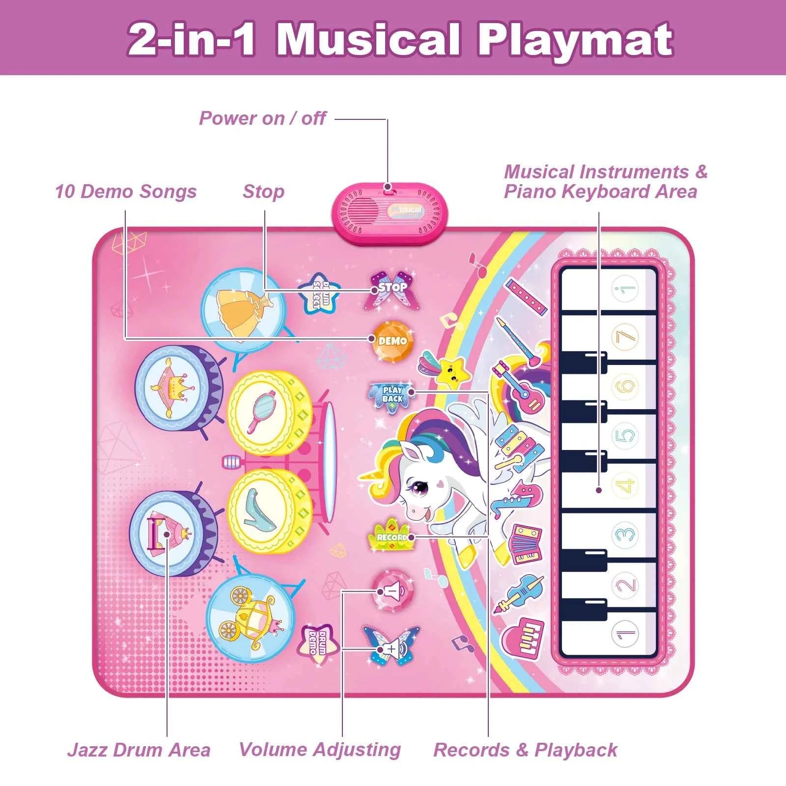90x70cm Unicorn Music Mat - 2 in 1 Piano Keyboard and Drum Dance Mat for Kids, Educational Toys with 8 Instruments Sounds