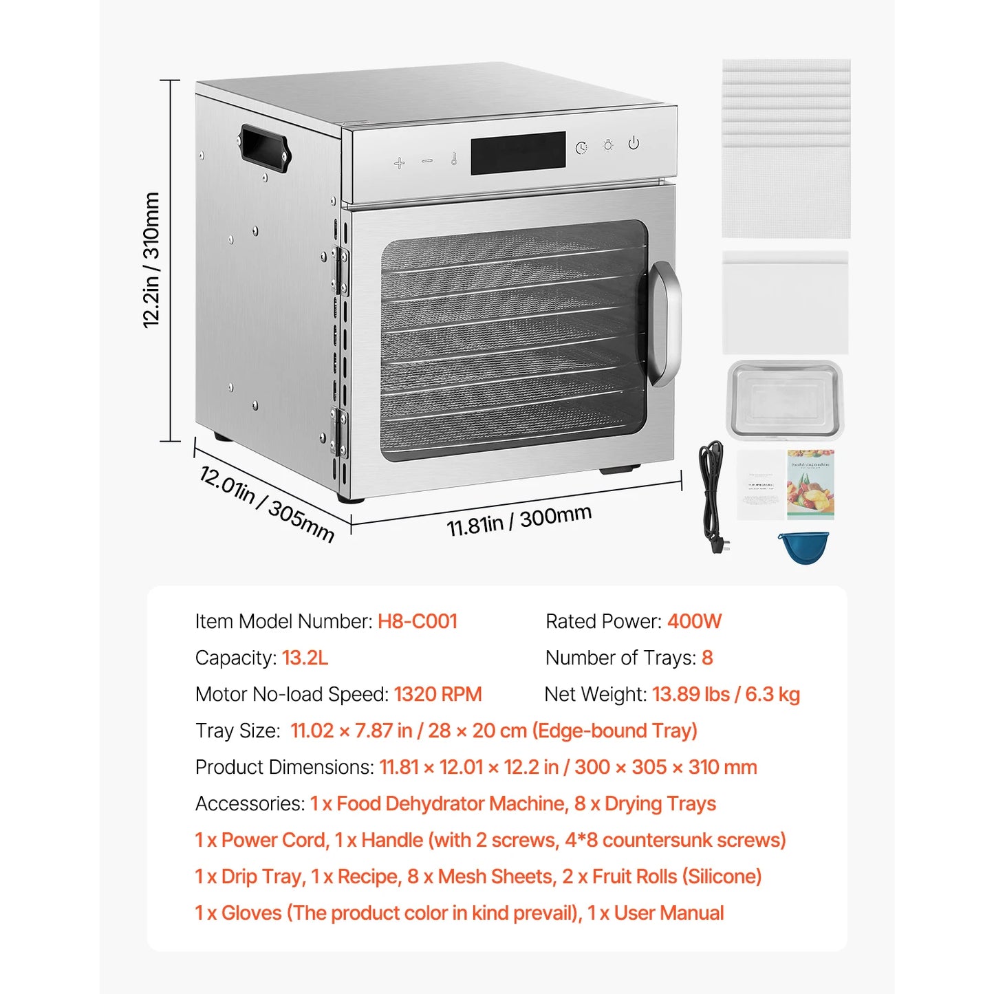 SucceBuy Food Dehydrator Machine 6 8 Stainless Steel Tray 400W Electric Food Dryer with Adjustable Temperature & 24-Hour Timer