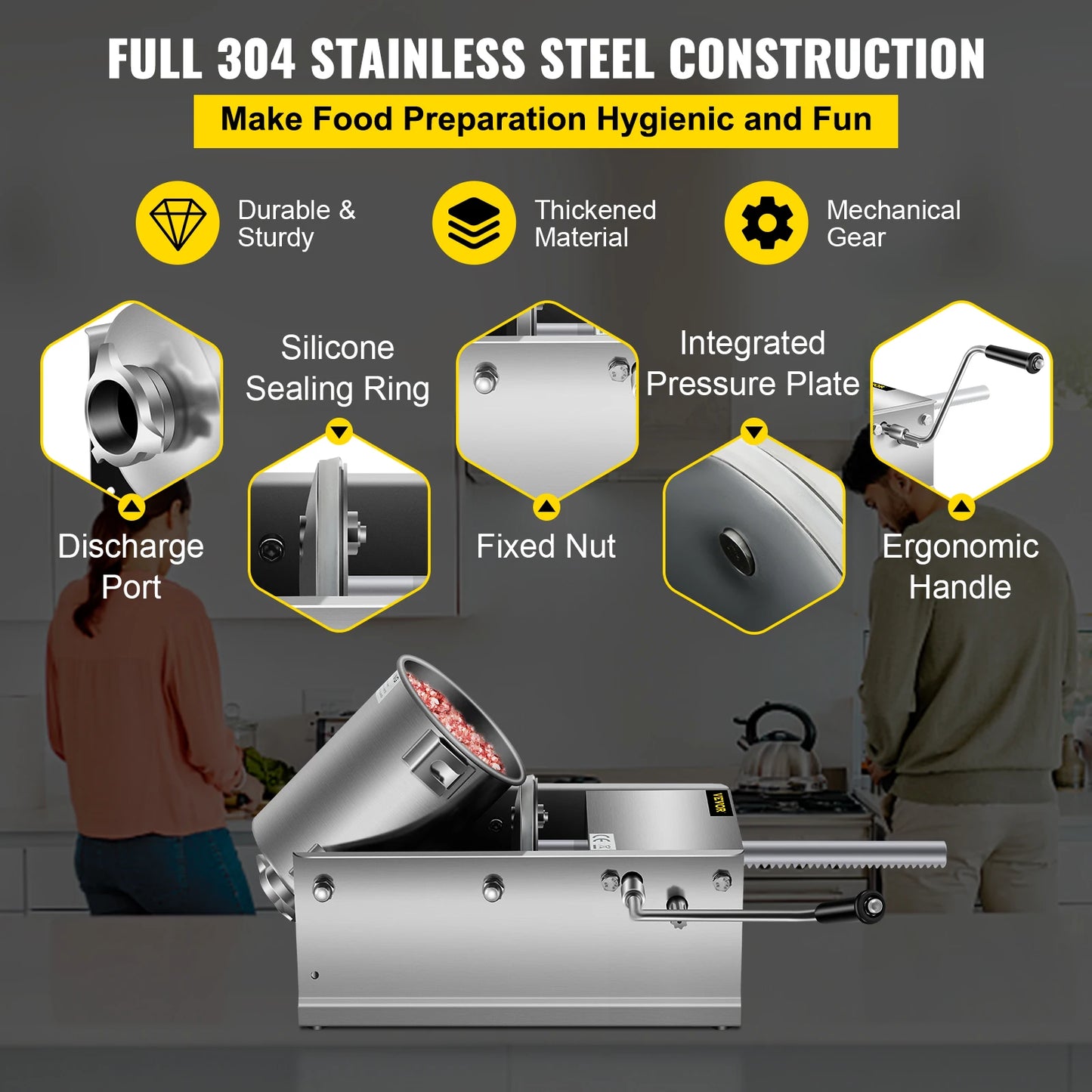 SucceBuy 3L Horizontal Sausage Stuffer Manual Sausage Maker Stainless Steel With 5 Filling Nozzles For Home & Commercial Use